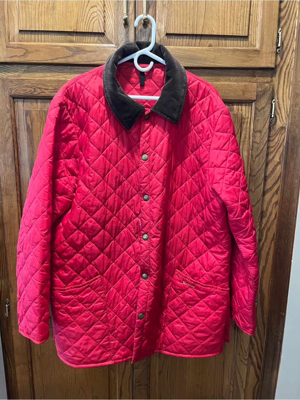 Barbour Quilted Red Puffer Jacket with Dark Corduroy Collar Men’s